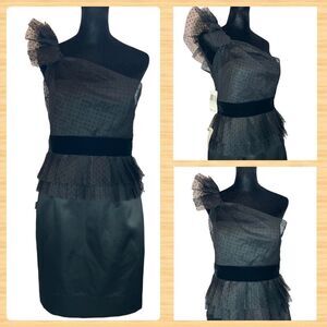 Phoebe Couture Saks Fifth Avenue black satin one shoulder cocktail dress